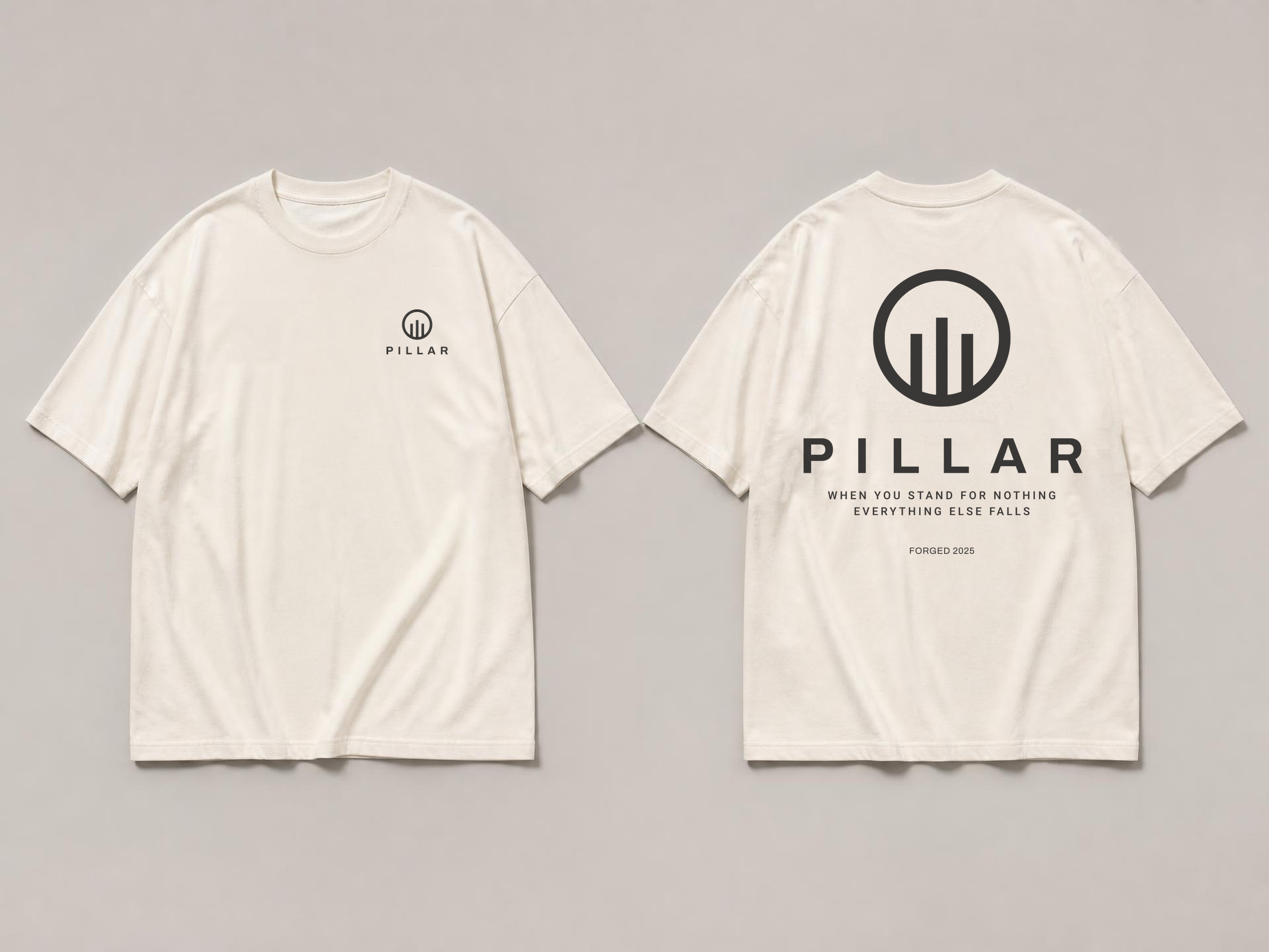 Front and back views of the off-white embroidered PILLAR Forged Foundation Tee