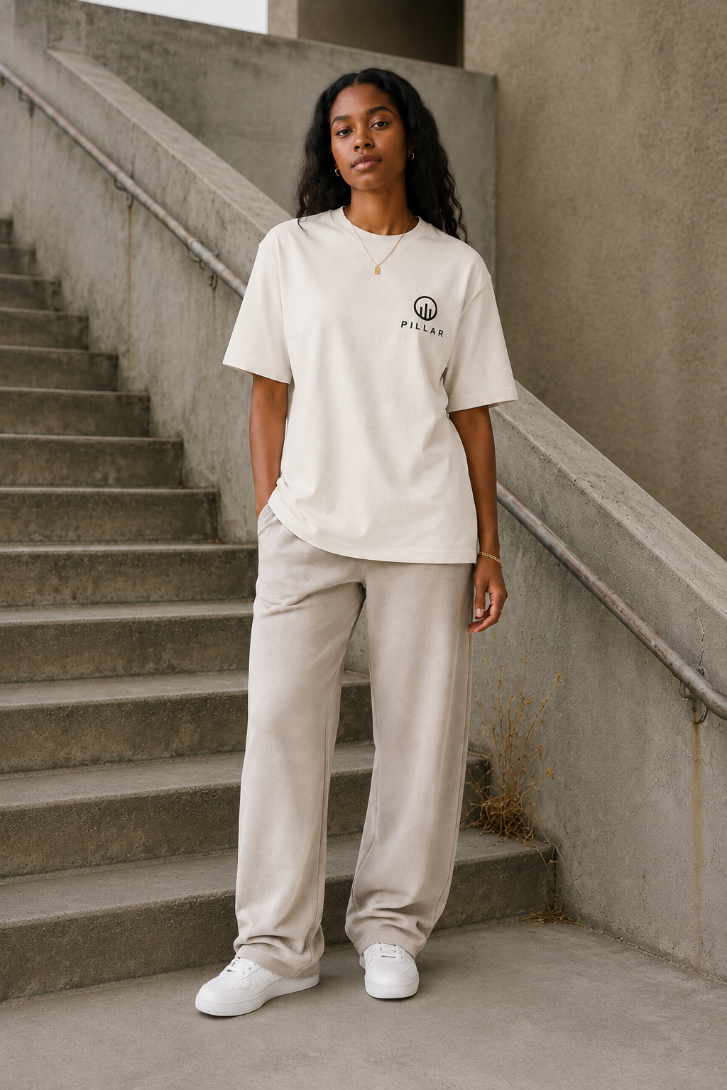 Black female model wearing the off-white PILLAR Forged Foundation Tee against a concrete wall
