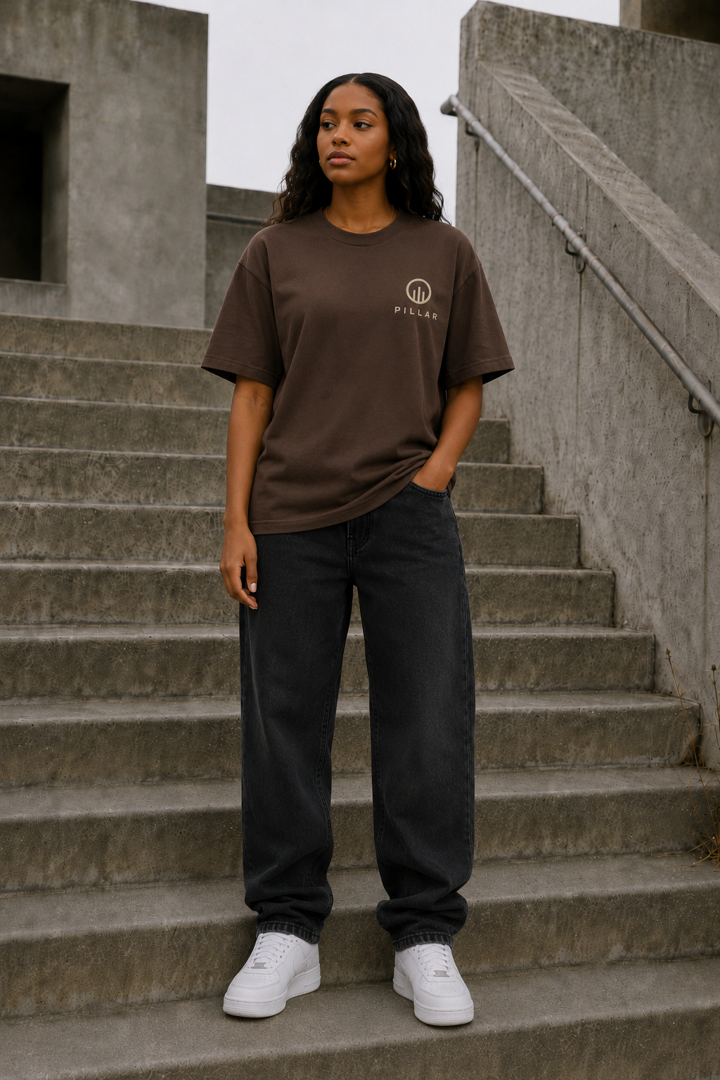 Black female model wearing the brown PILLAR Forged Foundation Tee on concrete stairs