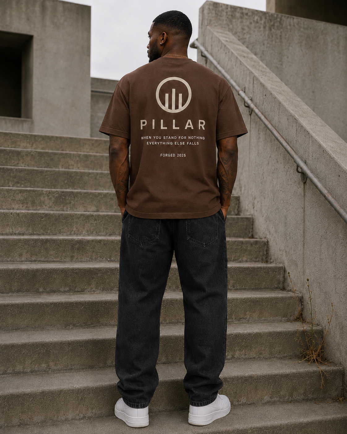 Standing Black male model showing the embroidered back of the brown PILLAR Forged Foundation Tee