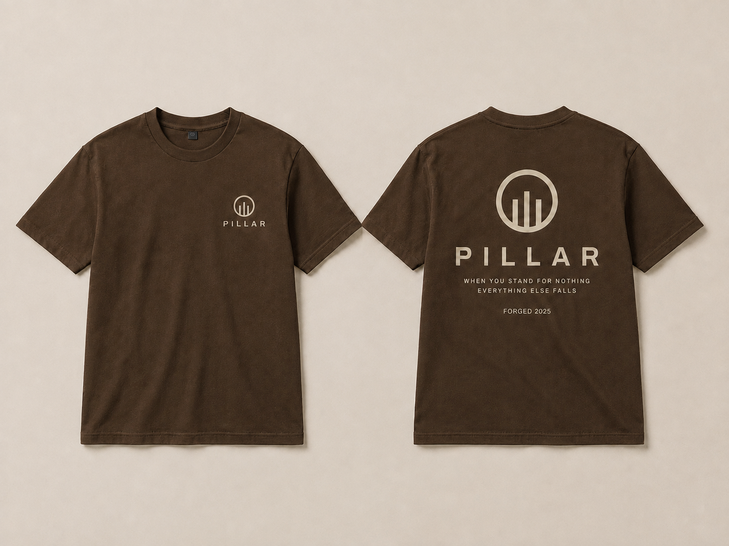 Front and back views of the brown embroidered PILLAR Forged Foundation Tee