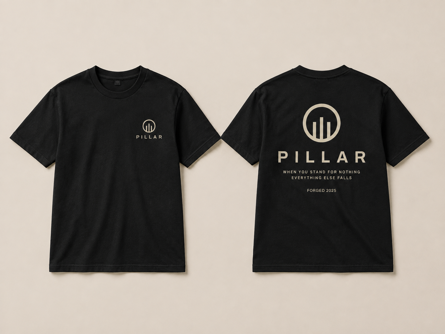 Front and back views of the black embroidered PILLAR Forged Foundation Tee