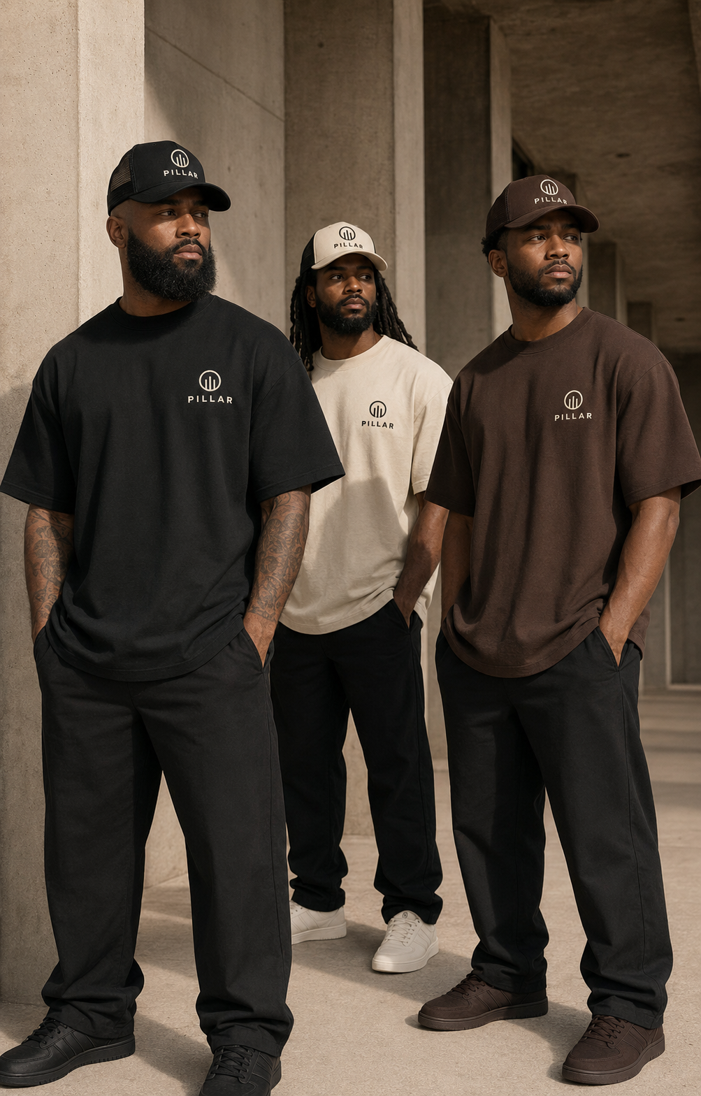 Three men wearing black, off-white and brown PILLAR tees and truckers beneath concrete pillars