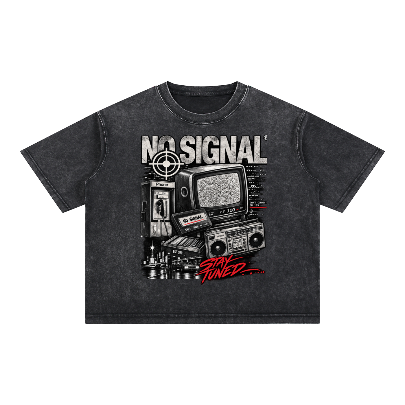 90s NOSTALGIA / STAY TUNED oversized tee in Mineral Wash Black