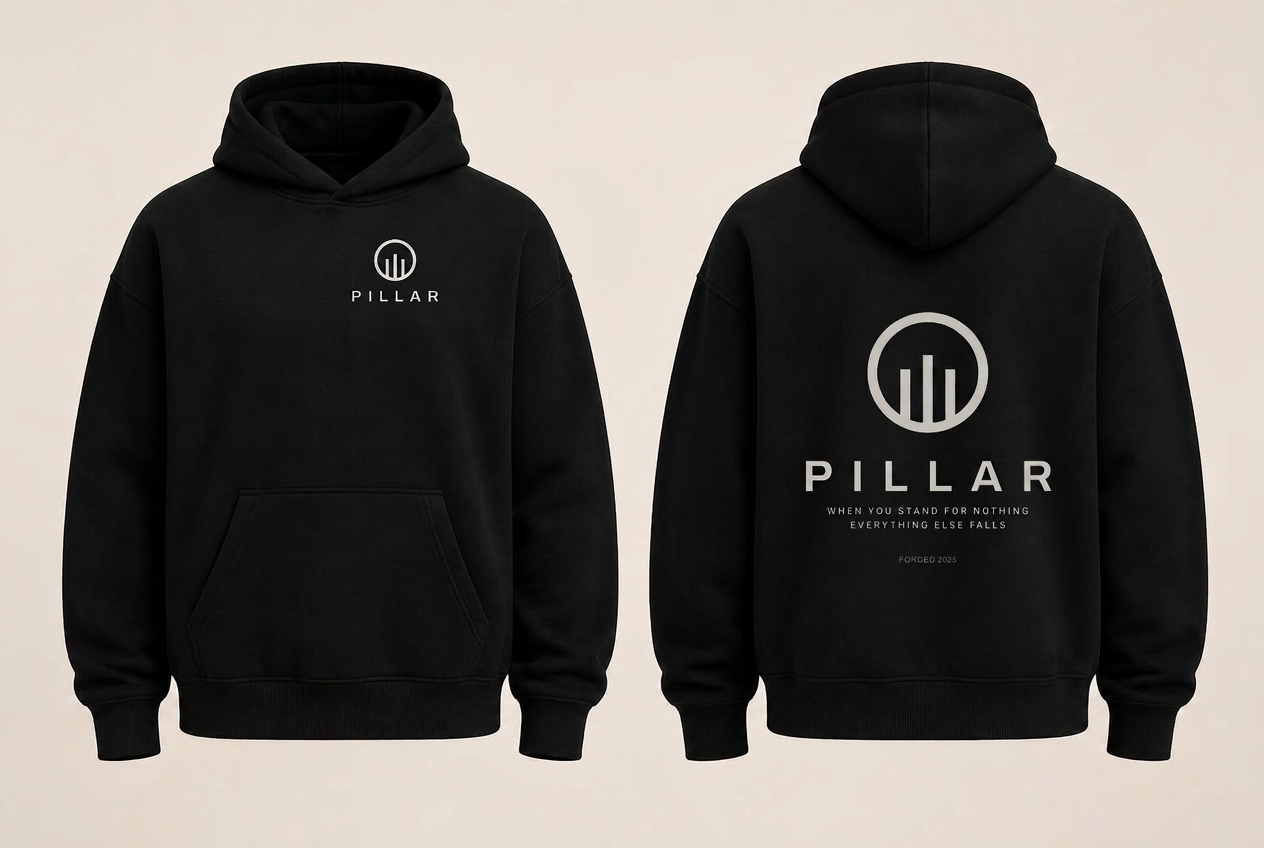 Front and back views of the black PILLAR Forged Hoodie with embroidered chest lockup and screen-printed back