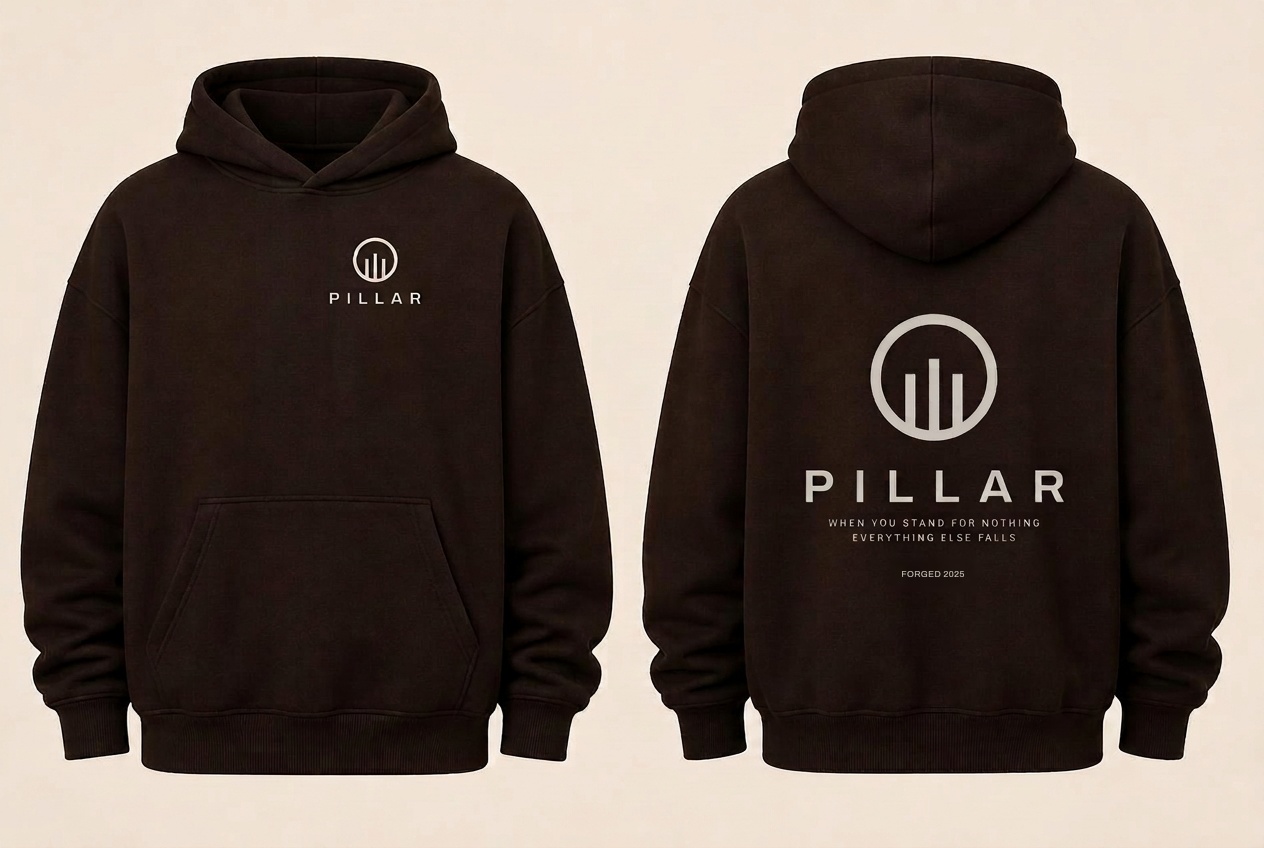 Front and back views of the brown PILLAR Forged Hoodie with embroidered chest lockup and screen-printed back