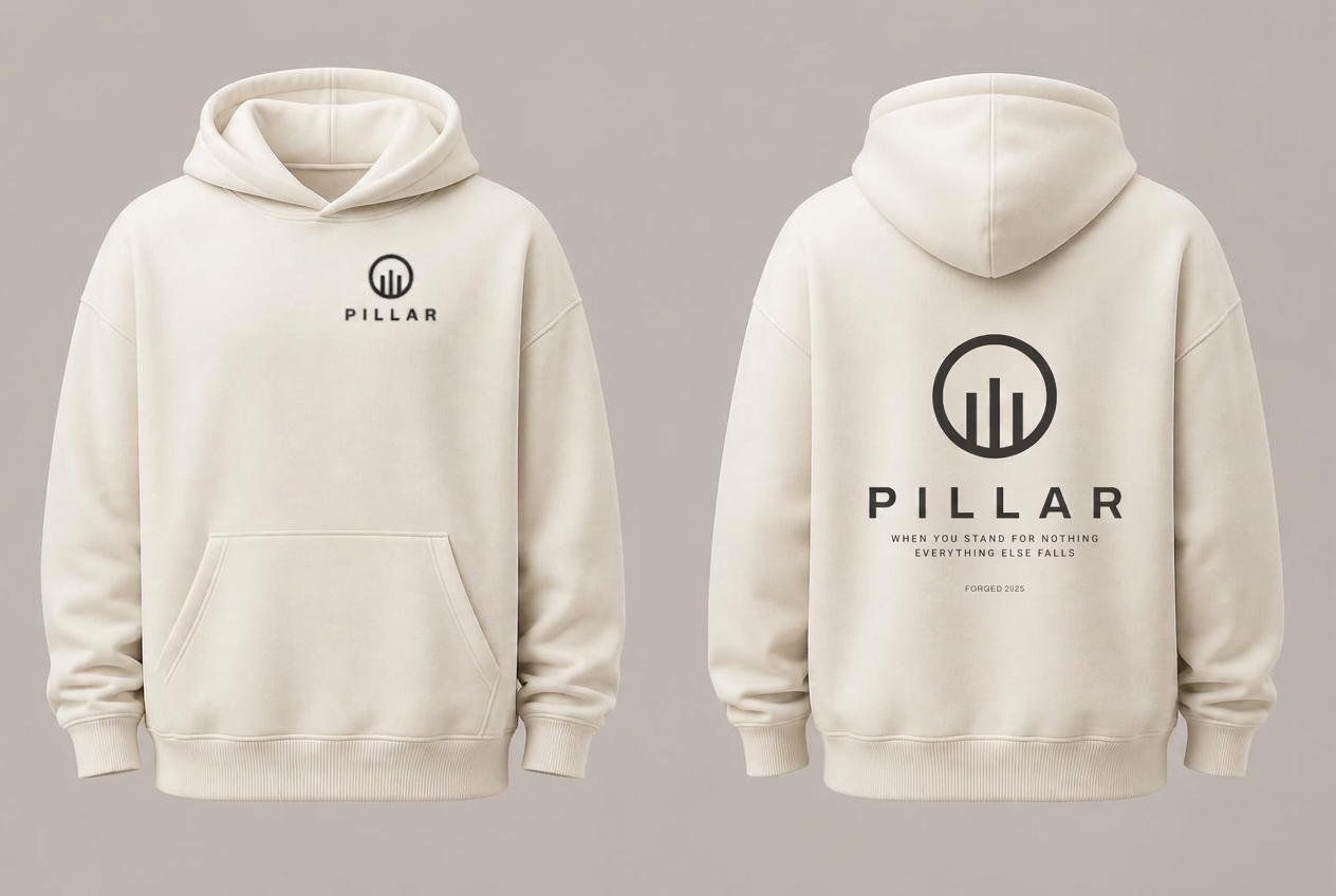 Front and back views of the off-white PILLAR Forged Hoodie with embroidered chest lockup and screen-printed back